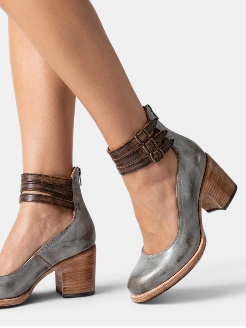Freebird by Steven Randi  Gray Leather Block-Heel Ankle-Strap Pumps Size 8